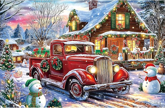 500 Piece Puzzles for Adults Christmas Winter Wonderland Village Cabin Scene with Vintage Truck Snowman & Cozy Cabin at Country Night Festive Jigsaw Puzzle Holiday Lights Festive Gifts for Family