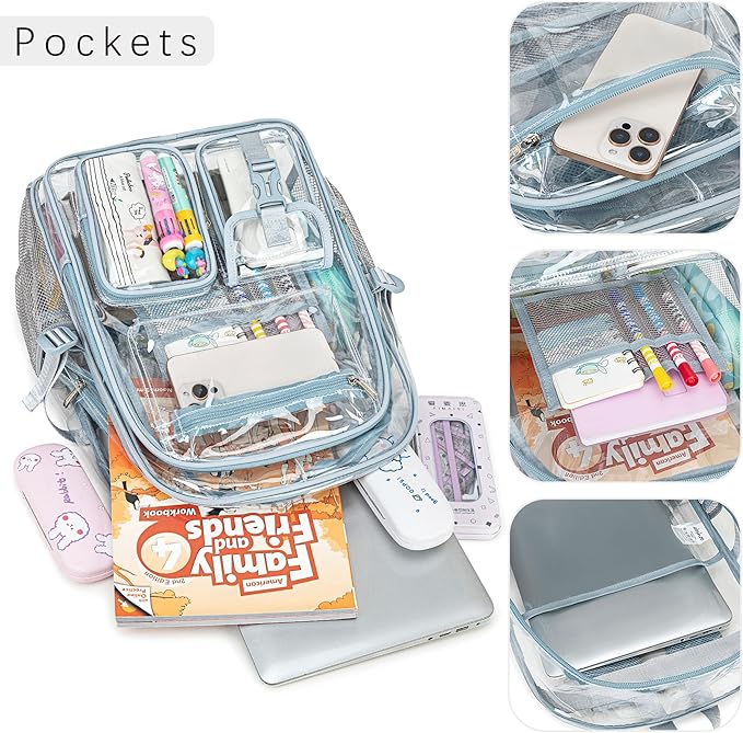 abshoo Large Clear Backpack For Girls Women Heavy Duty Clear Bookbag for School Transparent Backpack (Baby Blue)