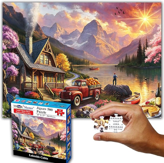 Think2Master Lakeside Mountain Retreat 500 Pieces Large Format Jigsaw Puzzle: Kids 12+, Teens, Adults & Families. Escape to a World of Tranquility and Rustic Charm. Great Gift. Size: 26.8” X 18.9”