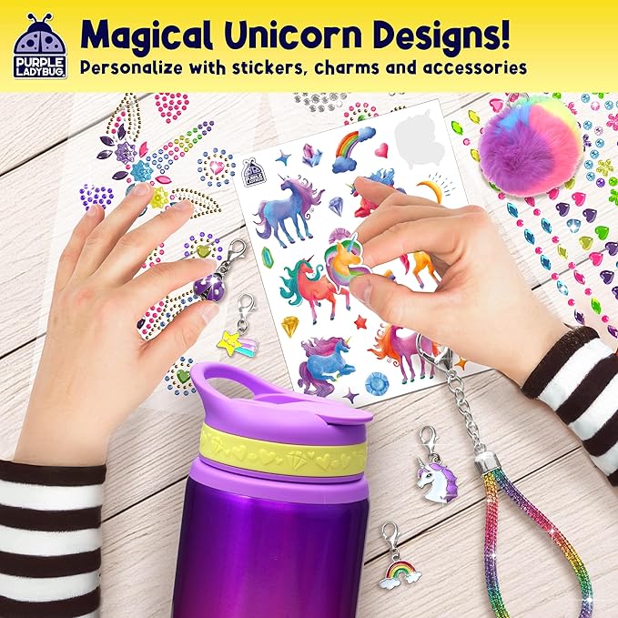 PURPLE LADYBUG Decorate Your Own Water Bottle Kit for Girls - Unicorn Design with Glitter Gem Stickers, Gifts for Girls Ages 5-8-10 Years Old Birthday, Fun Craft for Kids, Christmas Gifts Girl