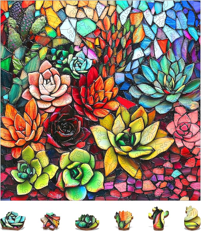 Wooden Puzzles for Adults, Stained Glass Succulent Puzzles 200 Pieces, Unique Shaped Jigsaw Puzzles for Adults and Kids, Birthday Gifts Fun Challenge Family Game 11.2'' x 11.2''