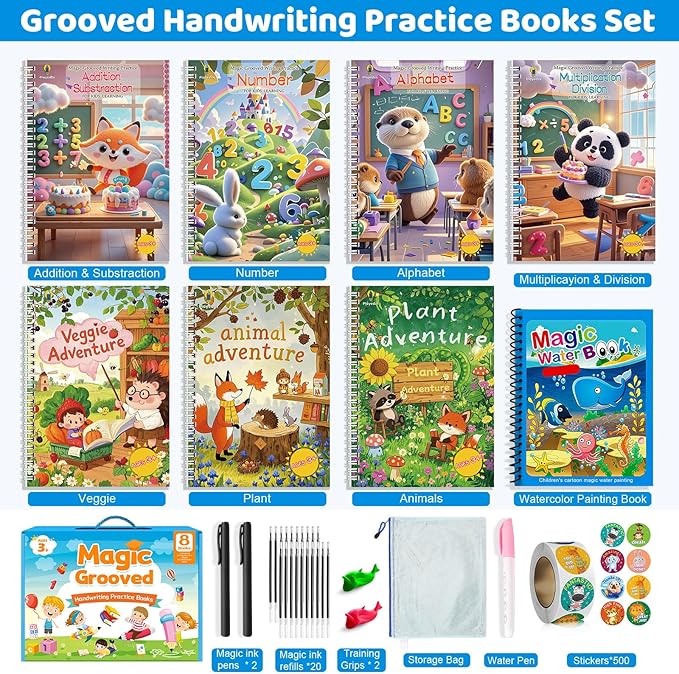 Magic Grooved Writing Practice Kit for Kids Ages 3-8, 7 Reusable Grooved Handwriting Books with 2 Pens & 20 Refills + Watercolor Book with Water Pen, Large Grooved Copybooks for Preschool (8)