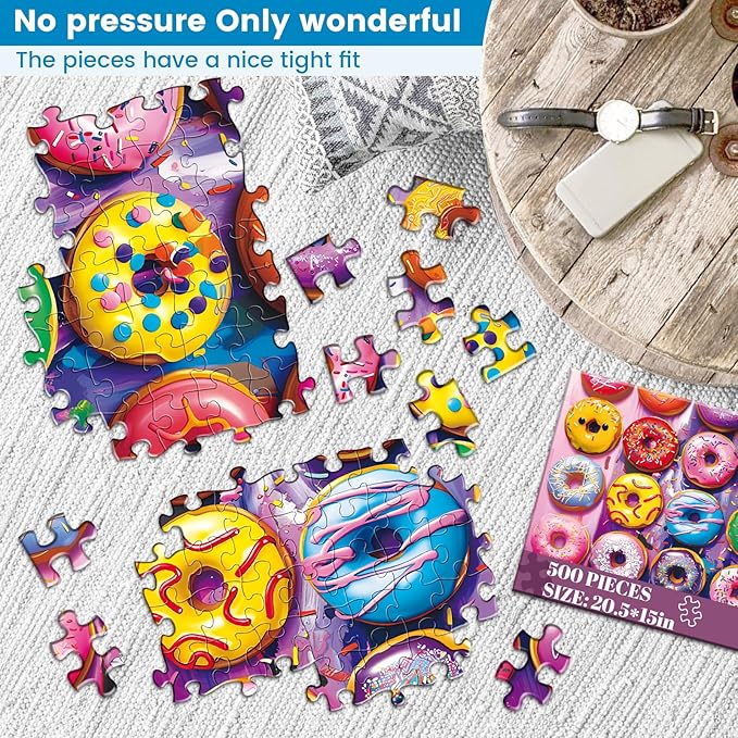 500 Pieces Puzzles for Adults–Colorful Donuts Puzzle for Adults Children Elderly–Recycled Paper Jigsaw Puzzle 500 Pieces–Glossy, Sturdy Pieces Challenging Family Game Great Gift Idea (20.5x15in)