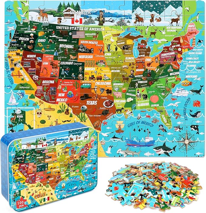 LELEMON United States Puzzles for Kids Ages 4-8,100 Pieces USA Animal Map Jigsaw Puzzles in a Metal Box,Fun America Map Learning Educational Toys for Boys Girls