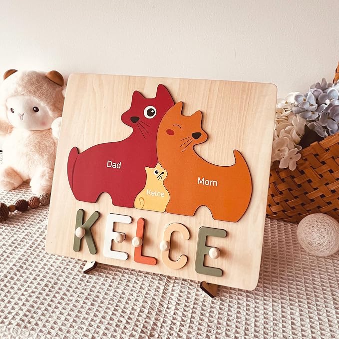 Personalized Baby Name Puzzle | Custom Wooden Baby Toy for Toddlers 1-3 | Montessori Learning Toys for Boys & Girls | Perfect Kids Gift for First Birthdays & Christmas (Cats)