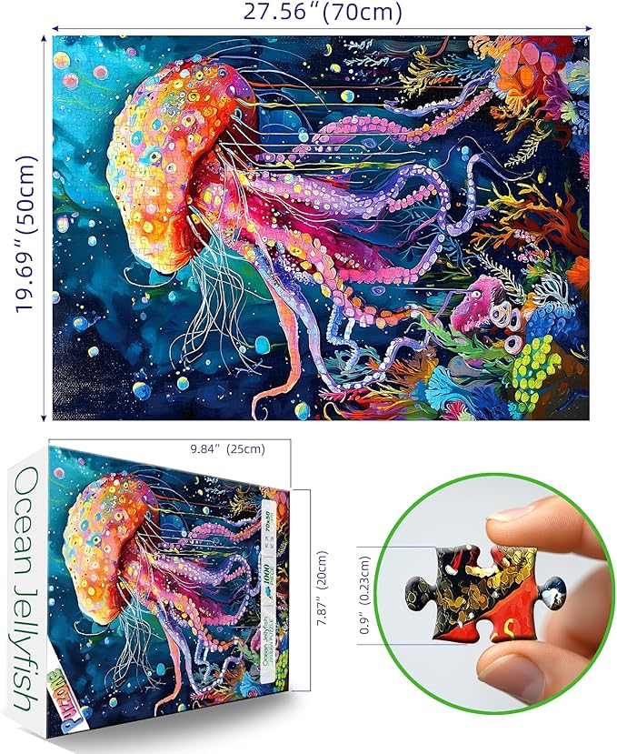 1000 Piece Jigsaw Puzzle for Adults Cute Jellyfish Colorful Ocean Underwater Scene Sea Life Coral Reefs Beautiful Marine Creatures Landscape Puzzle for Family Game Night(27.6" x 19.7")