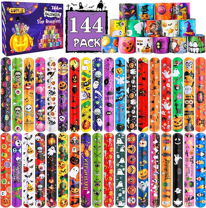 LUYI 144 PCS Halloween Slap Bracelets,Halloween Party Favors Supplies for Kids-108 Different Designs Bracelets Bulk for Halloween Decorations Treat Toys Bag Stuffers Gift for Kids Girls Boys
