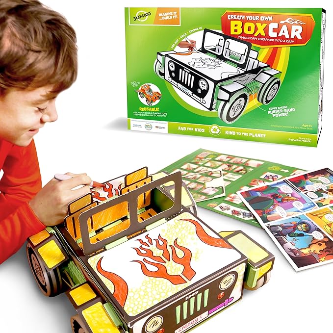 JUNKO DIY Toy Car Kit for Kids – Build, Color & Customize – Pull-Back Car – STEM Craft Project Ages 6–10 – Recycled, Reusable, Fun for Parent & Child
