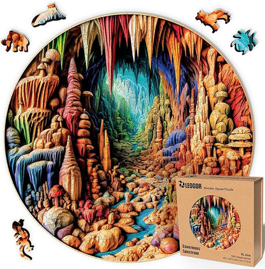 LEOGOR Wooden Jigsaw Puzzles for Adults 500 Pieces (18x17.9 in), Large High End Round 3D Vision Cave Puzzle with Mosaic Shapes, Thick 5mm Wood, Difficult Brain Teaser, Premium Puzzle Gifts for Adults