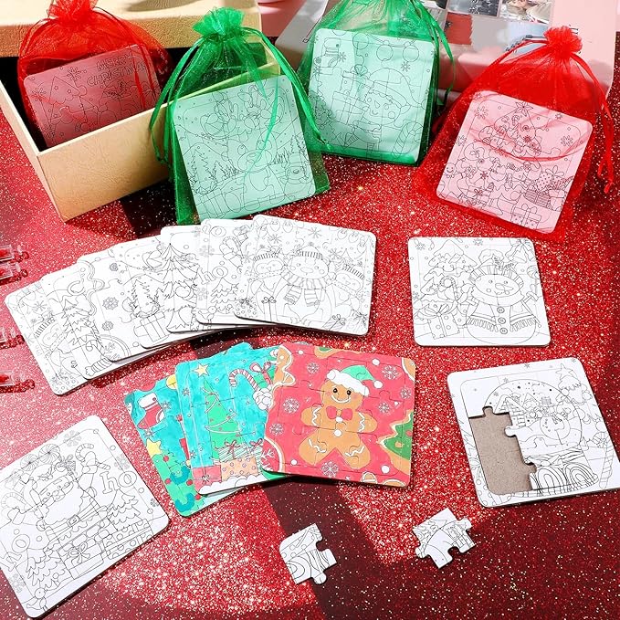 24 Sets Christmas Puzzles Color Your Own Puzzles DIY Jigsaw Crafts with 24 Stackable Crayons and 24 Bags for Learning Education Toys Gifts Prizes Birthday Party Supplies(24, Christmas)