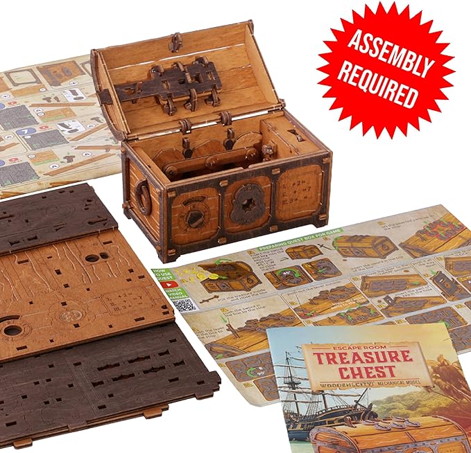 WOODEN.CITY Puzzle Box Treasure Chest - Assemble and Solve Riddles for a Unique Escape Room Experience - Wooden Clue Box Perfect Unique Gift Box - Made in EU