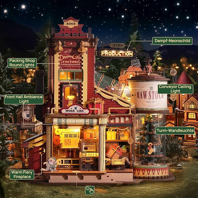 ROKR 3D Puzzle for Adults Christmas Style Dream Gift Factory Wooden Model Kit Luminous Factory DIY Dollhouse Kit Building with Music, Lights and 5 Elves for Teens & Kids