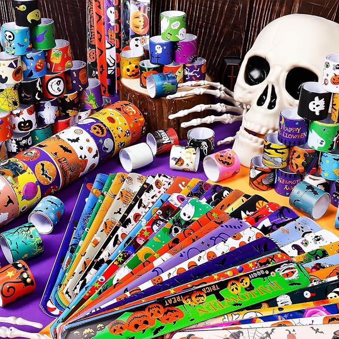 LUYI 250 PCS Halloween Slap Bracelets,Halloween Party Favors Supplies -50 Different Designs Bracelets Bulk for Halloween Decorations Treat Toys Bag Stuffers Gift