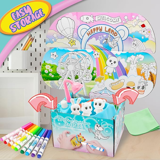 Trubic Kids Pet Washable Recolor Paint Arts and Crafts Toys, Creative DIY Painting Kits Set for Kids, Gift for Boys Girls Age 3 4 5 with 4 Figurines, 9 Washable Markers, 1 Brush & 1 Tub