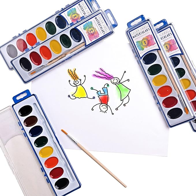 Color Swell Bulk Watercolors Paint Pack with Wood Brushes - 36 Sets with 8 Washable Colors Each - Perfect for Kids, Classrooms, Parties, Students, Donations, Party Favors, All Ages
