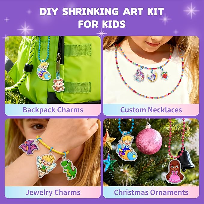 70 Pre-Cut Unicorn Shrinky Dink Sheets Art Kit, Shrink Paper Keychain Kit with 8 Colored Pencils Make Jewelry Charms & Accessories, Mess-Free Arts & Crafts for Kids, DIY Crafts for Adults and Teens
