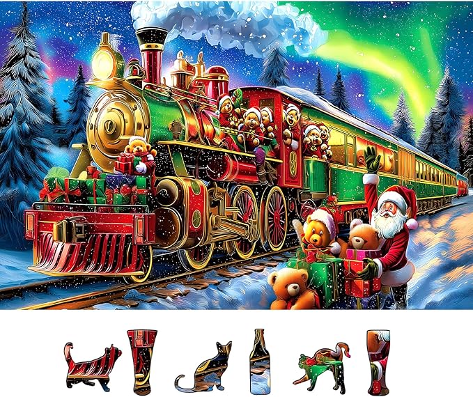 Christmas Train 500 Piece Jigsaw Puzzle for Adults Holiday Northern Lights Winter Town Scene Santa Puzzle Cute Bears Festive Fun Gift Family Games for Adults Seniors & Families (23x15in)