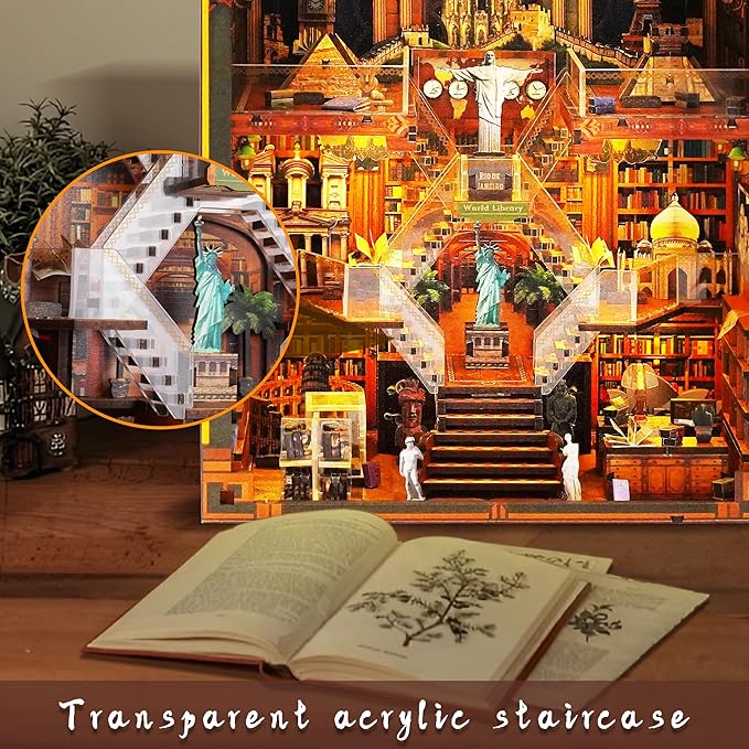 Book Nook Kit for Adults - DIY World Library Booknook, 3D Wooden Dollhouse Puzzle with LED Lights, Miniature Bookshelf Decor for Home Libraries