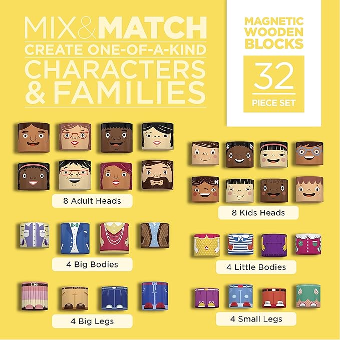 32-Piece Multiracial Magnetic Family Play Set – Wooden Diversity Building Blocks for Kids – Multicultural Puzzles & SEL Toy for Toddlers & Children