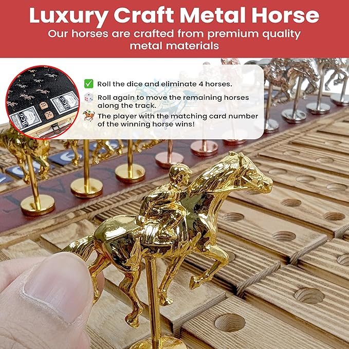 23-Inch Premium Horse Racing Board Game – Foldable Wooden Horse Race Board Game with 11 Numbered Metal Horses, Dice, Cards, and 80 Poker Chips for Parties & Friendly Betting