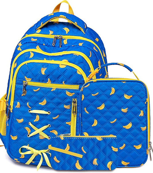 TuErCao Sunny Banana Themed Backpack for Kids Backpack with Lunch Box and Pencil Case for Boys for Age 8-10 10-12 12-14 Kawaii Backpack for Elementary Middle High School Bookbag