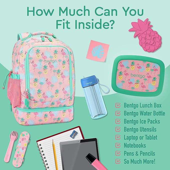 Bentgo Kids 2-in-1 Backpack & Insulated Lunch Bag - Durable 16” Backpack & Lunch Container in Unique Prints for School & Travel - Water Resistant, Padded & Large Compartments (Tropical)