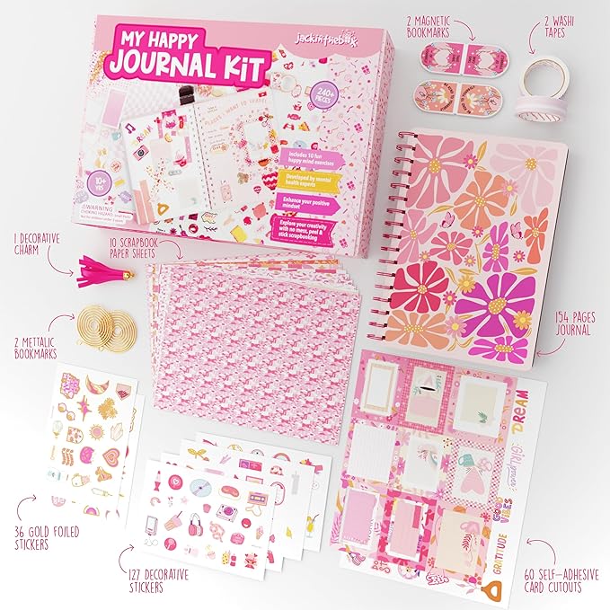 jackinthebox DIY Journal for Girls Ages 8-12, 242 pcs, Journaling kit, Tween Scrapbook, Includes 10 Mental Health Exercises, Girls Diary 8 9 10 11 12 Years