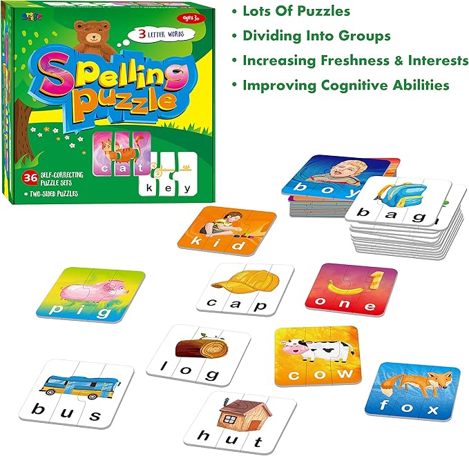 72 Word Spelling Puzzles with Error-Correction Mechanism in 3 Pieces, Perfect for Preschool Learning (36 Block Double Sided)