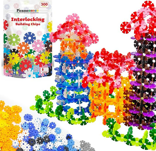 PicassoTiles Construction Building Chips Block 300 Piece Set Interlocking Plastic Disc STEM Learning Toy Creative Education Child Brain Development Play for Toddler Kids Boys Girls Ages 3 & Up PTF300