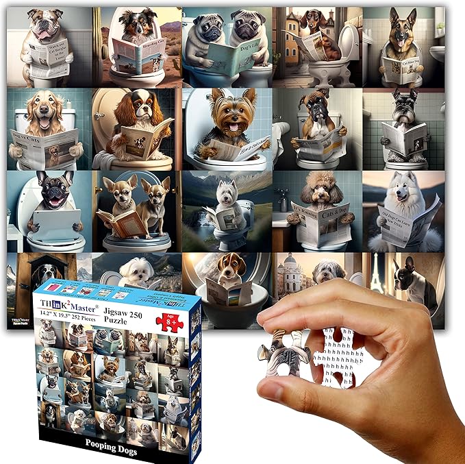 Think2Master Pooping Dogs 250 Pieces Jigsaw Puzzle Featuring heartwarming Puppies and Dogs. Perfect Bathroom Decoration, White Elephant Gag Gift. Fun Toy for Kids Families. Size: 14.2” X 19.3”