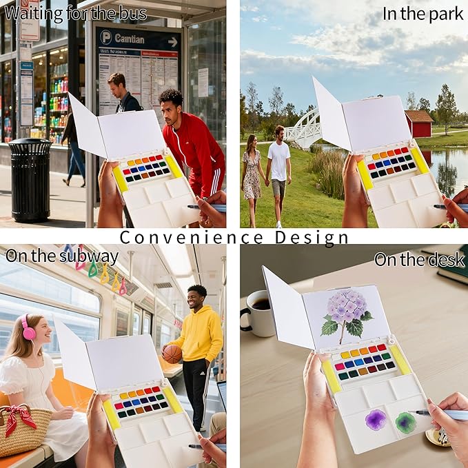 Graspable Watercolor Paint Set,Vivid Colors Painting Set Travel Paint Set Watercolor Sketching Kit with Water Pen,24 Sheets Watercolor Papers,3 Tutorial Video-24Colors