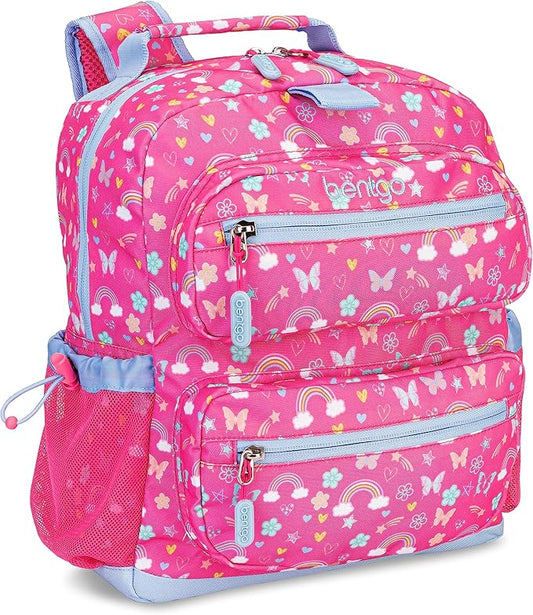 Bentgo Kids Backpack - Lightweight 14” Backpack in Fun Prints for School, Travel, & Daycare, Ideal for Ages 4+, Roomy Interior, Durable & Water-Resistant Fabric, & Loop for Lunch Bag (Rainbows)