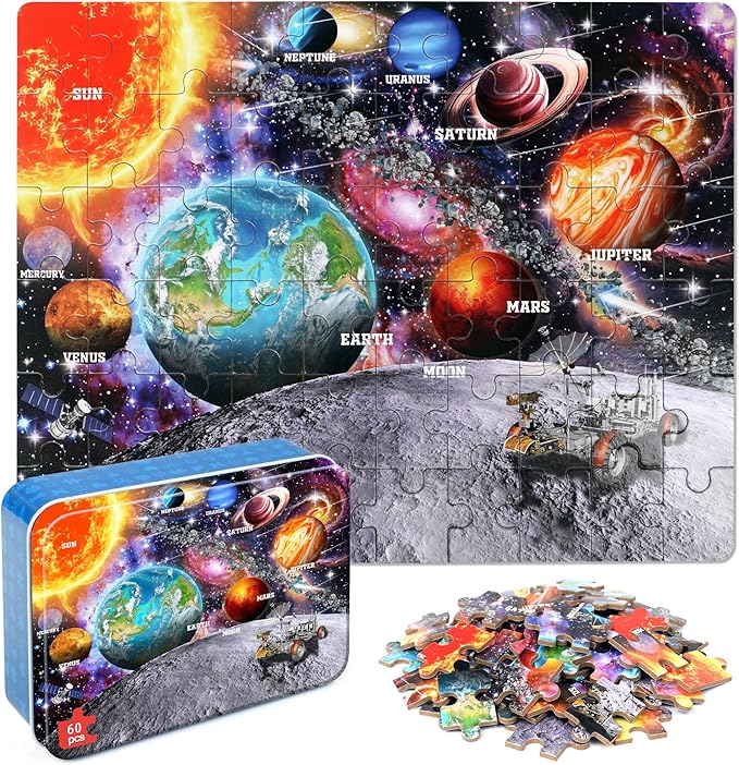 LELEMON Puzzles for Kids Ages 4-6, Space 60 Piece Puzzles for Kids Ages 3-5 in a Metal Box, Educational Jigsaw Puzzles Childrens Puzzle Games Puzzle Toys for Girls and Boys