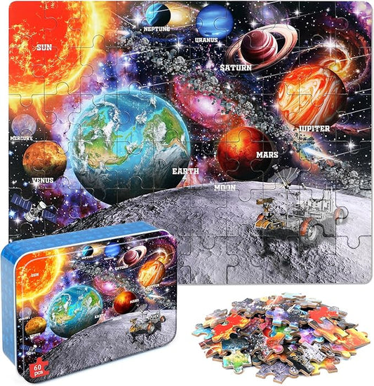 LELEMON Puzzles for Kids Ages 4-6, Space 60 Piece Puzzles for Kids Ages 3-5 in a Metal Box, Educational Jigsaw Puzzles Childrens Puzzle Games Puzzle Toys for Girls and Boys