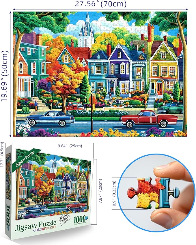 Fall City Landscape Puzzles for Adults 1000 Pieces Funny Colorful Autumn Vibrant Stree Jigsaw Puzzles 1000 Pieces Challenging Family Puzzle with Letters on Back Games Gift for Boys and Girls