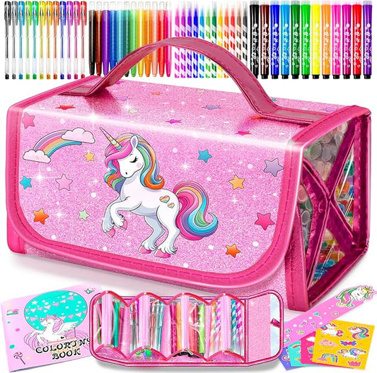 Washable Markers Set with Glitter Unicorn Pencil Case, Art Supplies for Kids Ages 5-6-8, Birthday Gifts Toys for Girls 5 6 7 8 9 10 Year Old, Arts Crafts Coloring Set with Crayon, Pencil, Gel Pen