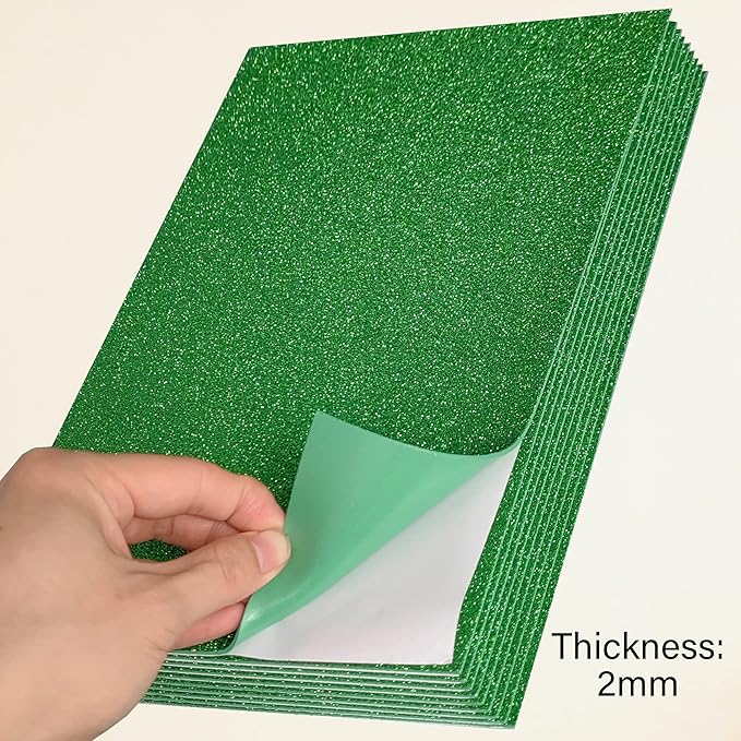 SALEMAR Green Sticky Glitter Foam Sheets for Craft, 10 Packs Thick Self-Adhesive Sparkle EVA Paper Stickers for School Projects, 30 x 20cm