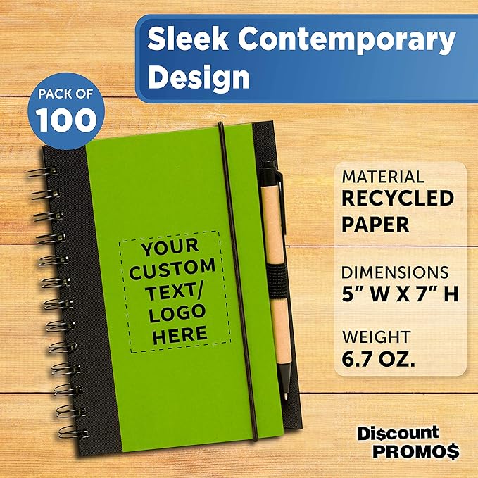 DISCOUNT PROMOS Custom Eco Block Notebooks with Pens Set of 100, Personalized Bulk Pack - Perfect for School, Office, Business, Home - Lime Green