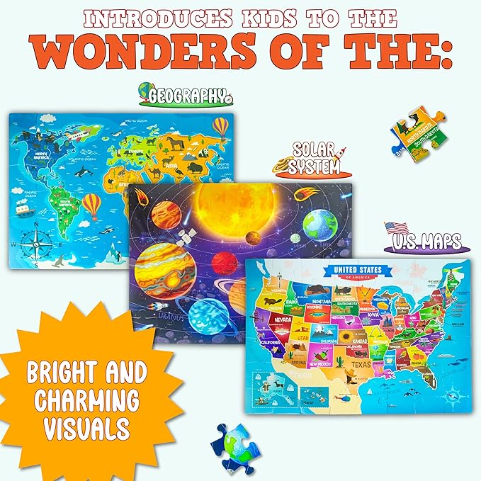 3 Pack Large Floor Puzzles for Kids Ages 3-5– Extra Thick 48 Piece Puzzles for Toddler Ages 4-8 Jumbo Jigsaw Set - Solar System, World Map, USA Map, 3 in 1 Educational Puzzle Preschool, Children