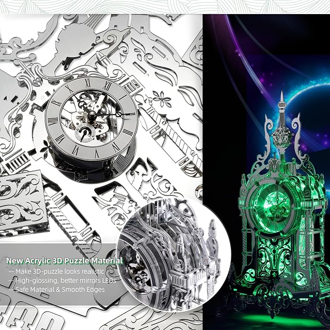 LED 3D Puzzle Tower Clock for Adults - Elegant Home Décor Building Model with Color-Changing LEDs - Ideal Acrylic Puzzle Gifts for Teens and Adults