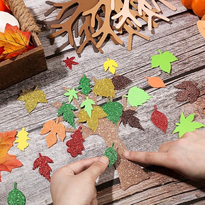224 Pcs Fall Foam Stickers Fall Leaf Craft Thanksgiving Tree Maple Leaf Foam Shaped Self Adhesive Glitter Stickers Craft Kit for Thanksgiving Autumn Art Family (Maple Leaves)