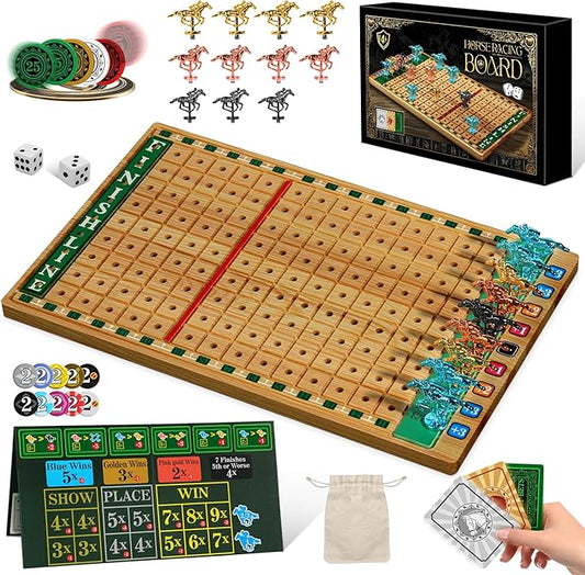 Premium Horse Racing Game with Cards and Dice, Horse Race Betting Board Game for Adult, Thickened Solid Wood with 143 Chips, 9 Metal Horses, Bet Board & Tokens & Cards, Rich Props for Enhanced Fun