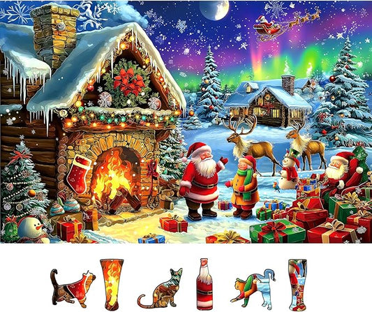 Christmas 500 Piece Jigsaw Puzzles for Adults Northern Lights Cabin Puzzle Santa Reindeer Scene Winter Holiday Landscape Puzzle with Letters on Back Art Fun Festive Gift for Family Seniors (23x15in)