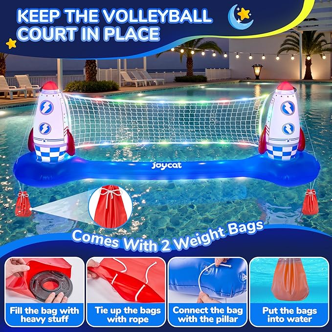 JoyCat LED Inflatable Pool Floats Set,125 Inch Volleyball Net & Basketball Hoop,Floating Swimming Pool Games Beach Toys for Kids,Water Games for Adults and Family,Pools Party Gift
