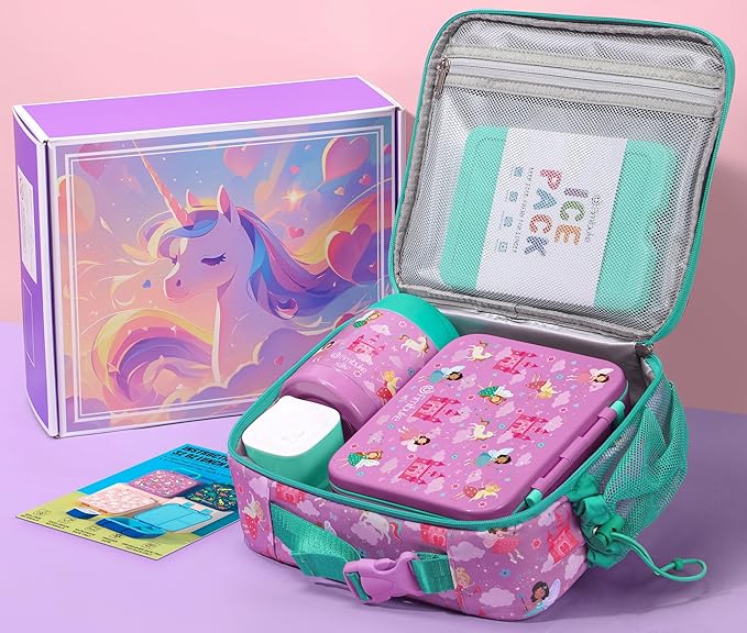 Fimibuke Bento Lunch Box for Kids with Thermos, 3-Compartment 32OZ Snack Lunch Container, Lunch Bag, 12OZ Insulated Food Jar & Ice Pack Set for Age 3-12 School Daycare Toddler Teen Girls Boys, Fairies