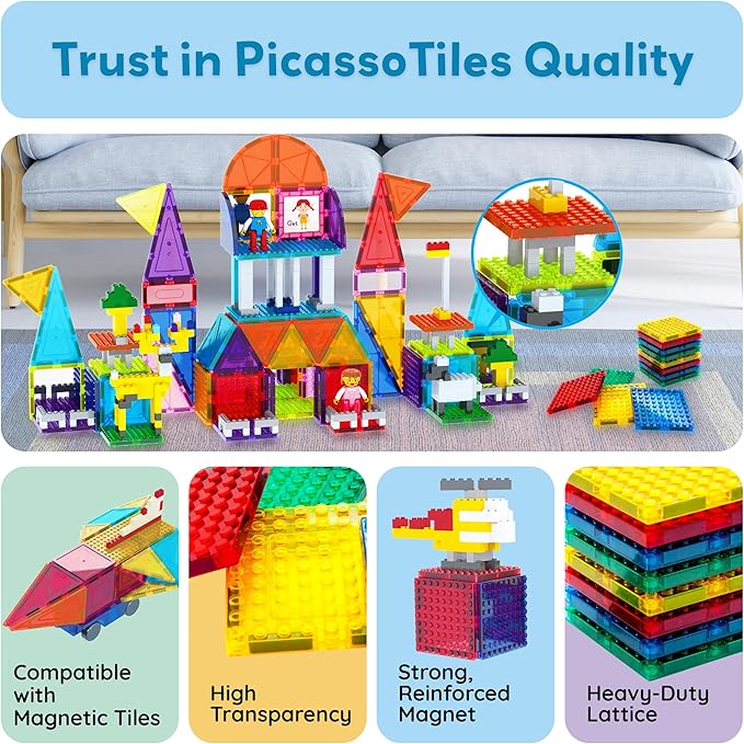 PicassoTiles Magnetic Brick Tiles STEM Creative Magnetic Tiles Building Block Set Building Brick Construction Toy Socket Spikes Toys Accessory Educational Imaginative Learning Kit Stacking Set