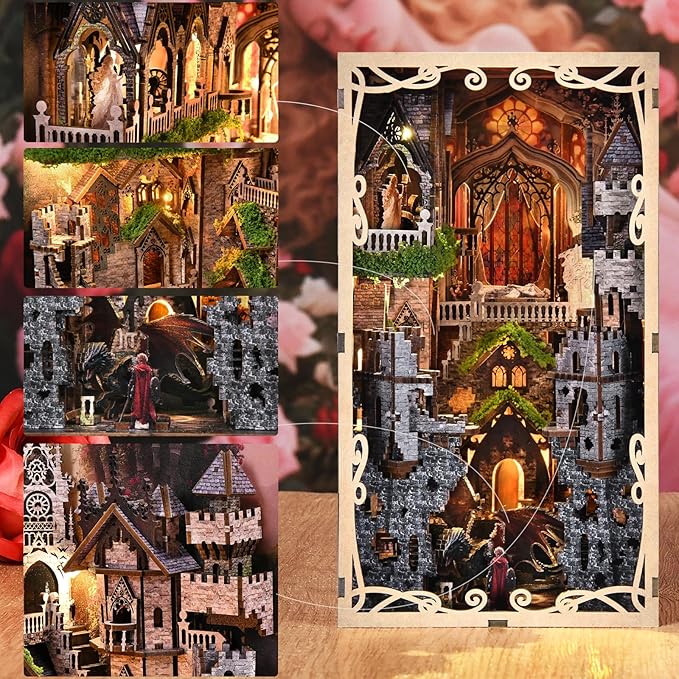 Book Nook Kit for Adults, DIY 3D Wooden Puzzle Booknook Bookshelf Insert Decor with LED Light and Dust Cover (Sleeping Beauty)
