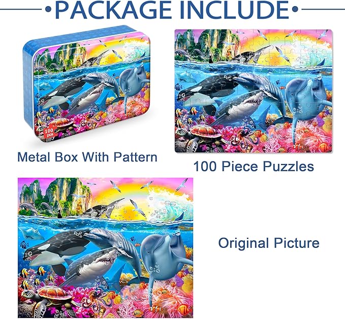 LELEMON Puzzles for Kids Ages 4-6,Underwater World 100 Piece Puzzles for Kids Ages 4-8 in a Metal Box, Educational Jigsaw Puzzles 100 Piece Puzzle Games Puzzle Toys for Girls and Boys