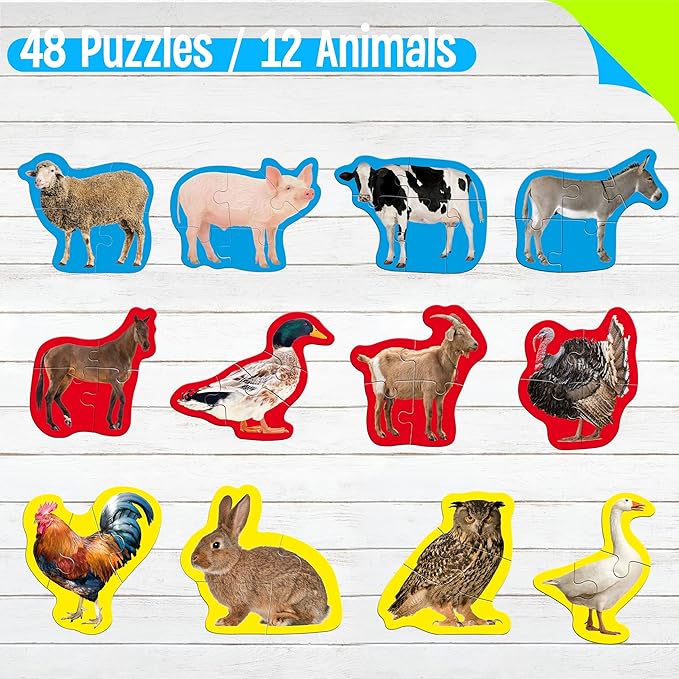 12 Pack Realistic Animal Puzzles, 48 Pieces Step-by-Step Animal Jigsaws, Farm Animal Jigsaw Puzzles with Back Footprint Guide Early Learning for Beginner Preschool Toddlers 3+