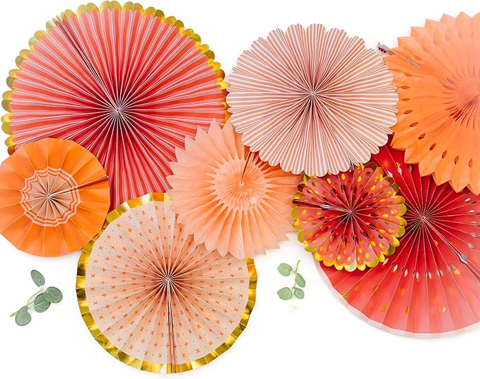 PapaKit Origami Wall Decoration Set (8 Assorted Round Paper Fans) Birthday Party Baby Shower Wedding Events Decor | Creative Art Design Pattern (Bright Orange Bloom with Metallic Gold Accent)